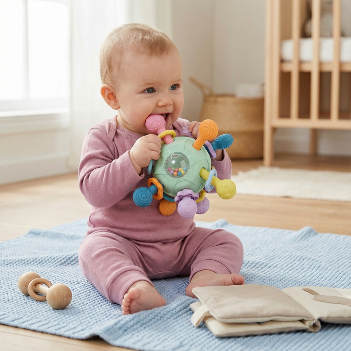 Sensorischer Greifball für Babys mit integrierter Beißhilfe und Rassel. Fördert Motorik und Sensorik.