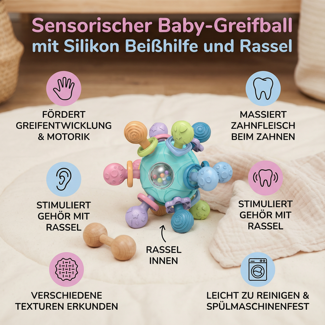 Weicher Silikon Baby-Greifball als sicheres Motorikspielzeug, Beißhilfe und Rassel für die Entwicklung.
