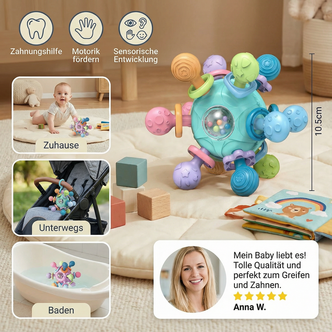 Farbenfroher Baby-Greifball mit Rassel und Beißhilfe, ideal als Sensorikspielzeug zur Förderung der Sinne.