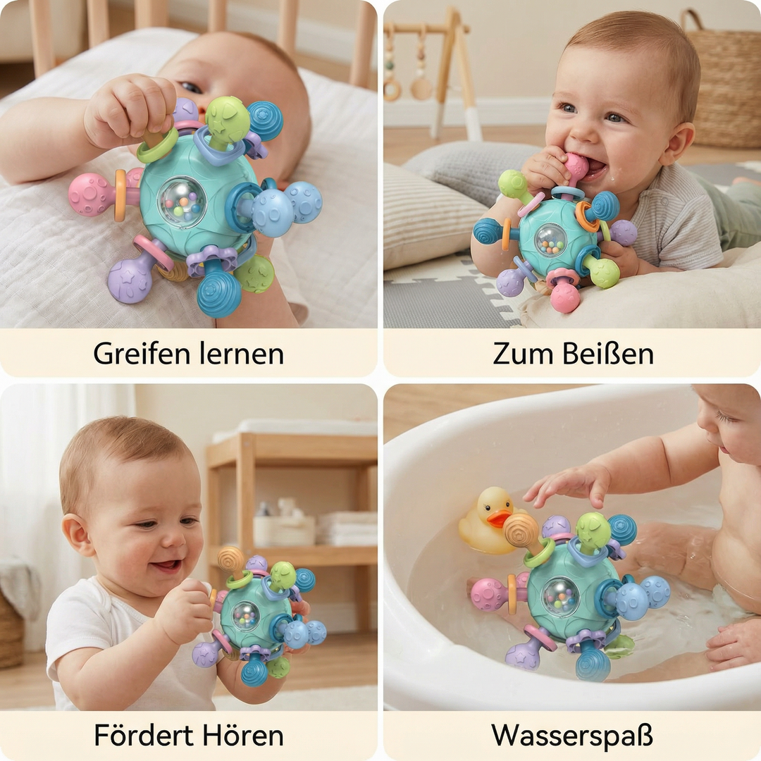 Ideales Babygeschenk: Sensorischer Greifball mit Rassel, Beißhilfe und verschiedenen Texturen für Babys.