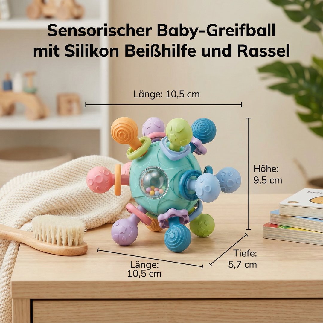 Entwicklungsfördernder Baby-Greifball: Silikonspielzeug mit Beißhilfe, Rassel und Sensorik für erste Entdeckungen.