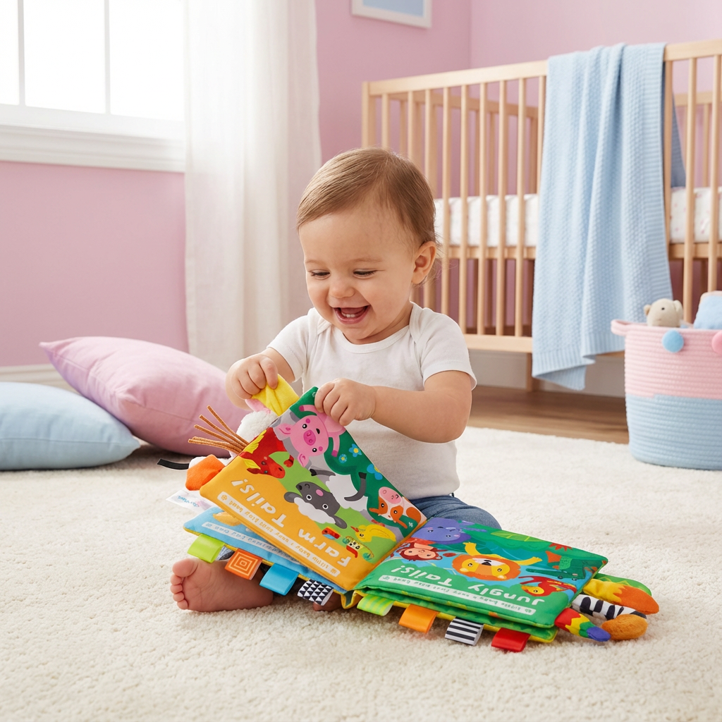 Sensorisches Knister Stoffbuch für Kleinkinder. Taktiles Babyspielzeug mit Dschungel-Motiven, fördert die Sinne.