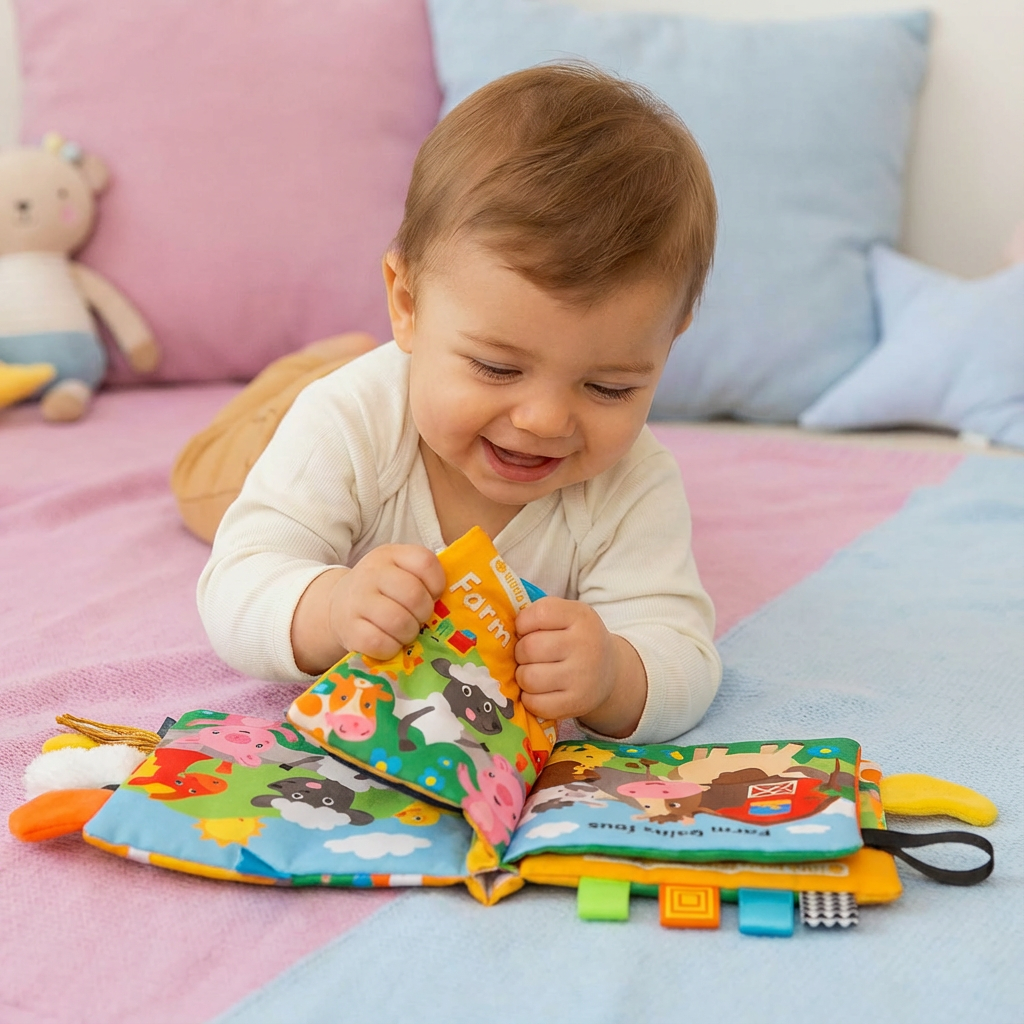 Interaktives Knisterbuch für Babys & Kleinkinder. Sinnesspielzeug, fördert taktile Wahrnehmung und Motorik.