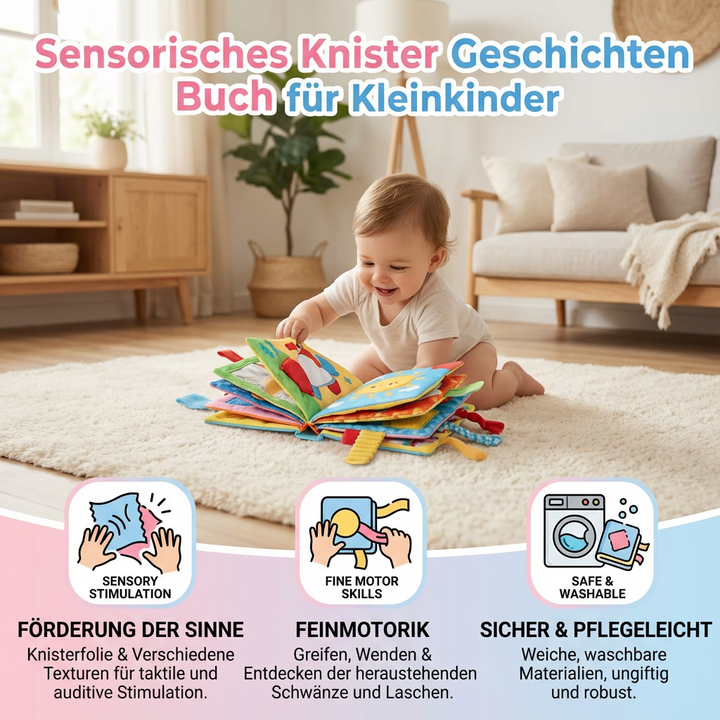 Weiches Knister Geschichten Buch für Kleinkinder. Entwicklungsspielzeug mit verschiedenen Texturen & Geräuschen.