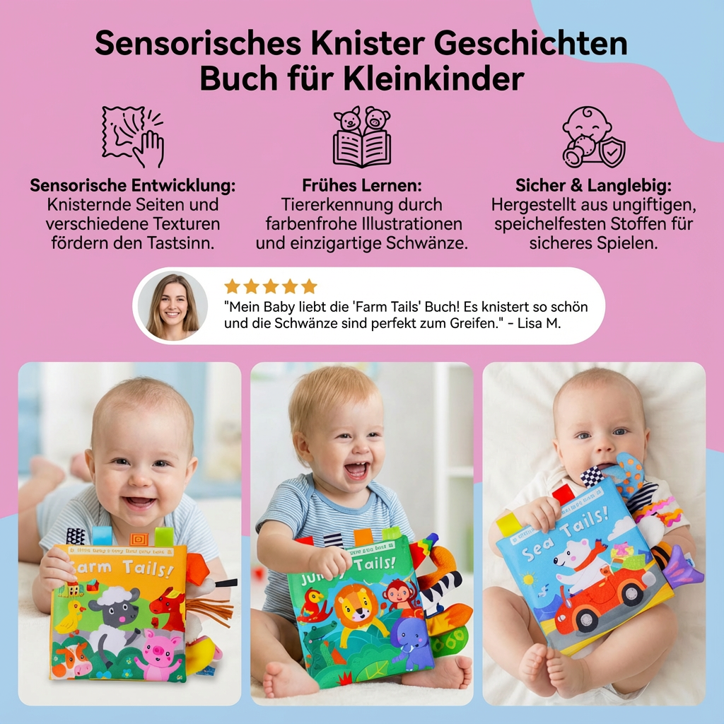 Baby Sensorik Stoffbuch zum Knistern. Taktiles Spielzeug mit Dschungel & Ozean Themen, ideal für kleine Hände.