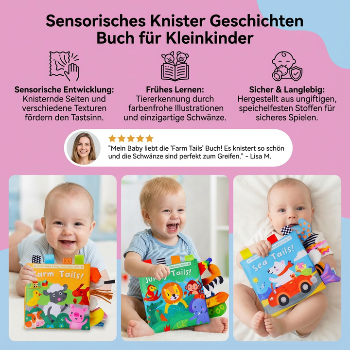 Baby Sensorik Stoffbuch zum Knistern. Taktiles Spielzeug mit Dschungel & Ozean Themen, ideal für kleine Hände.