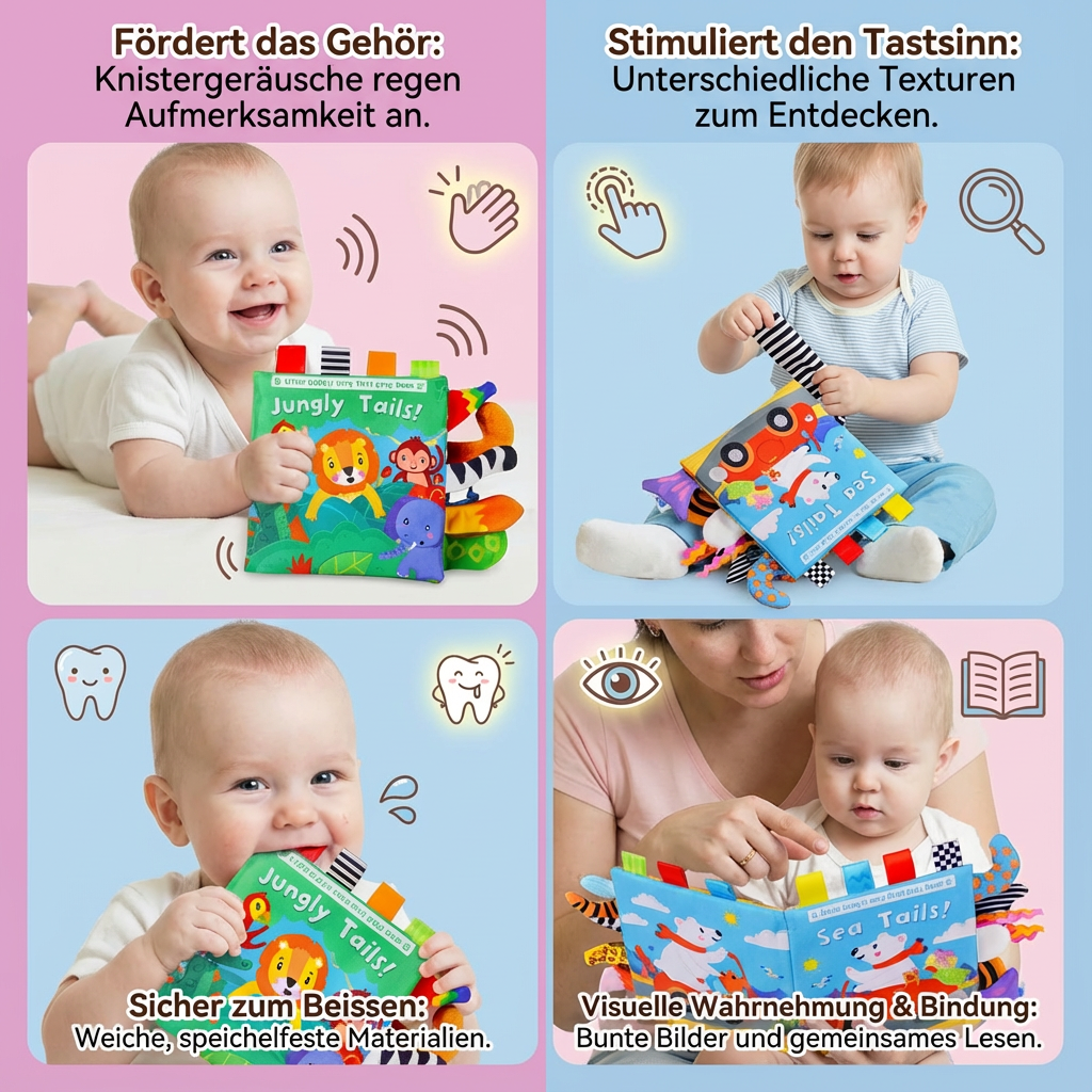 Knisterbuch für Kleinkinder mit Bauernhof Motiven. Sinnesspielzeug & Stoffbuch, fördert die auditive Sensorik.
