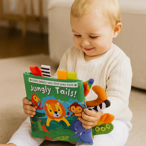 Entwicklungsspielzeug: Knister-Stoffbuch für Babys. Fördert Sensorik & Feinmotorik mit lustigen Zirkus-Bildern.