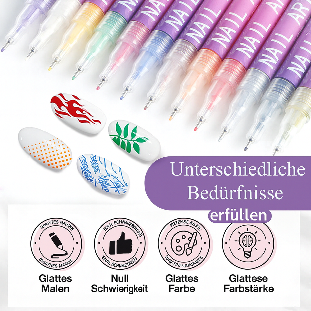 Nahaufnahme von Nagelkunst-Stiften beim Zeichnen feiner Details. Ideal für kreative Nageldekoration & präzise Designs.