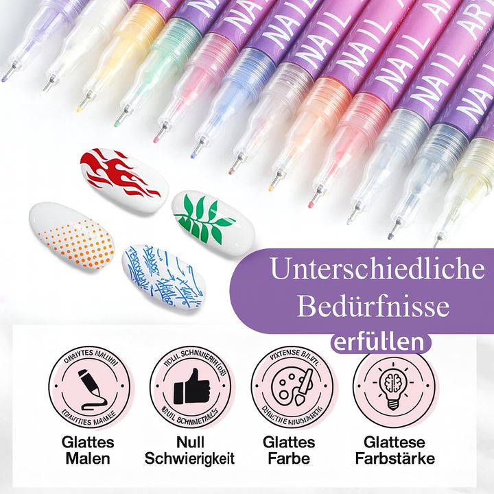 Nahaufnahme von Nagelkunst-Stiften beim Zeichnen feiner Details. Ideal für kreative Nageldekoration & präzise Designs.