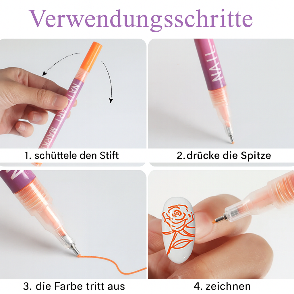 Anwendung der präzisen Nagelstifte zur Gestaltung individueller Muster. Perfekt für DIY Nageldesign & kreative Nägel.
