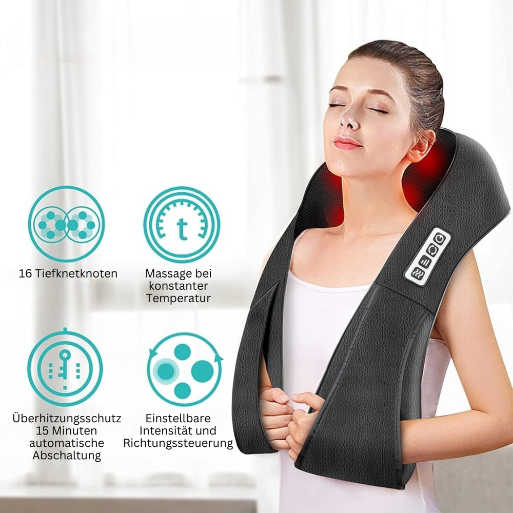 Nahaufnahme eines Shiatsu-Massagekissens, das eine beruhigende Nackenmassage mit Infrarotwärme bietet.
