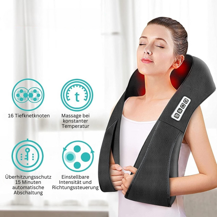 Nahaufnahme eines Shiatsu-Massagekissens, das eine beruhigende Nackenmassage mit Infrarotwärme bietet.