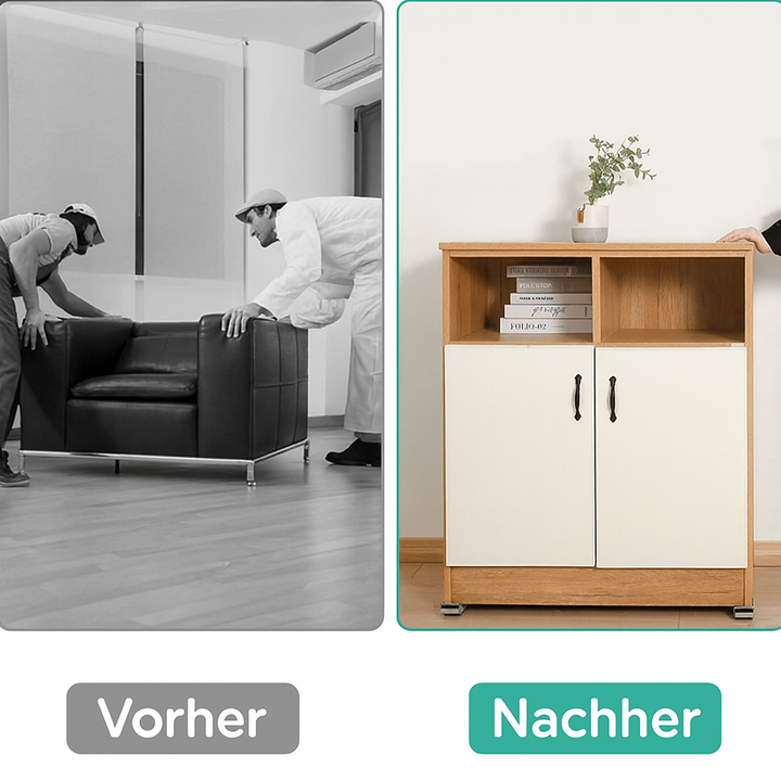 ShiftMate Pro Möbelheber Komplettset mit Hebel und 4 Gleitern, bereit für den Einsatz als Umzugshilfe.
