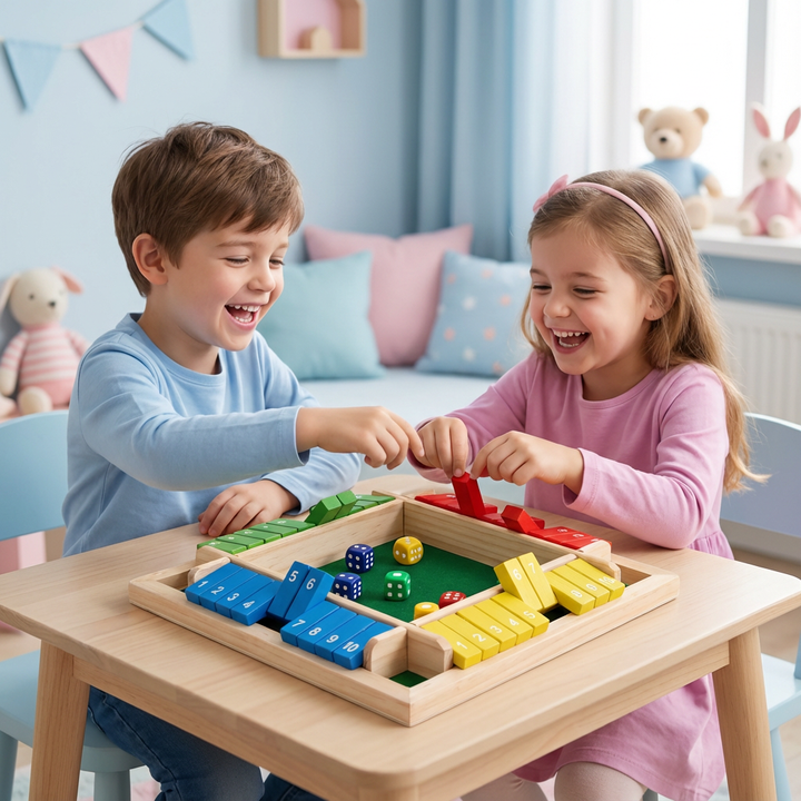 ShutTheBox Klappenspiel aus Holz für 4 Spieler. Familienspiel und Würfelspiel für lustige Gesellschaftsabende.