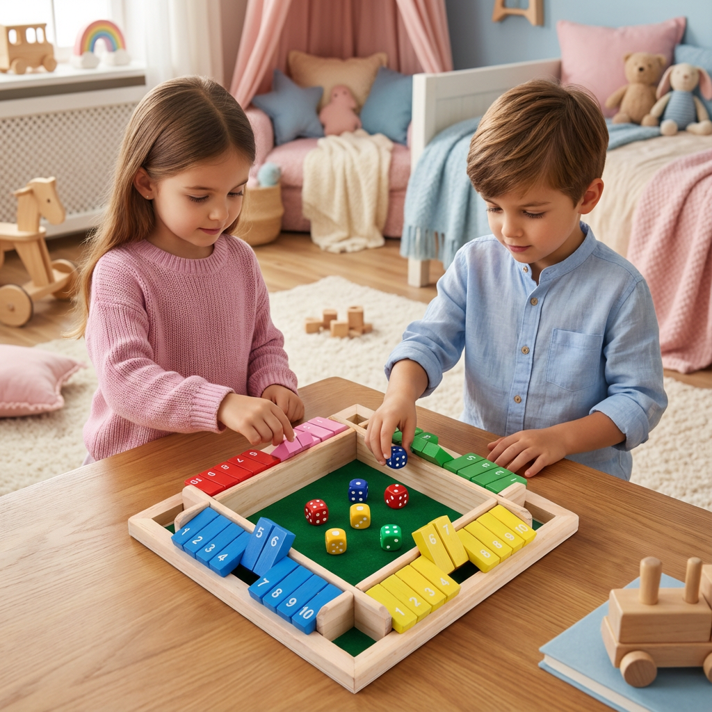 Hochwertiges ShutTheBox Holzspiel für 4 Personen. Robustes Brettspiel, Gesellschaftsspiel und Denkspiel für die Familie.