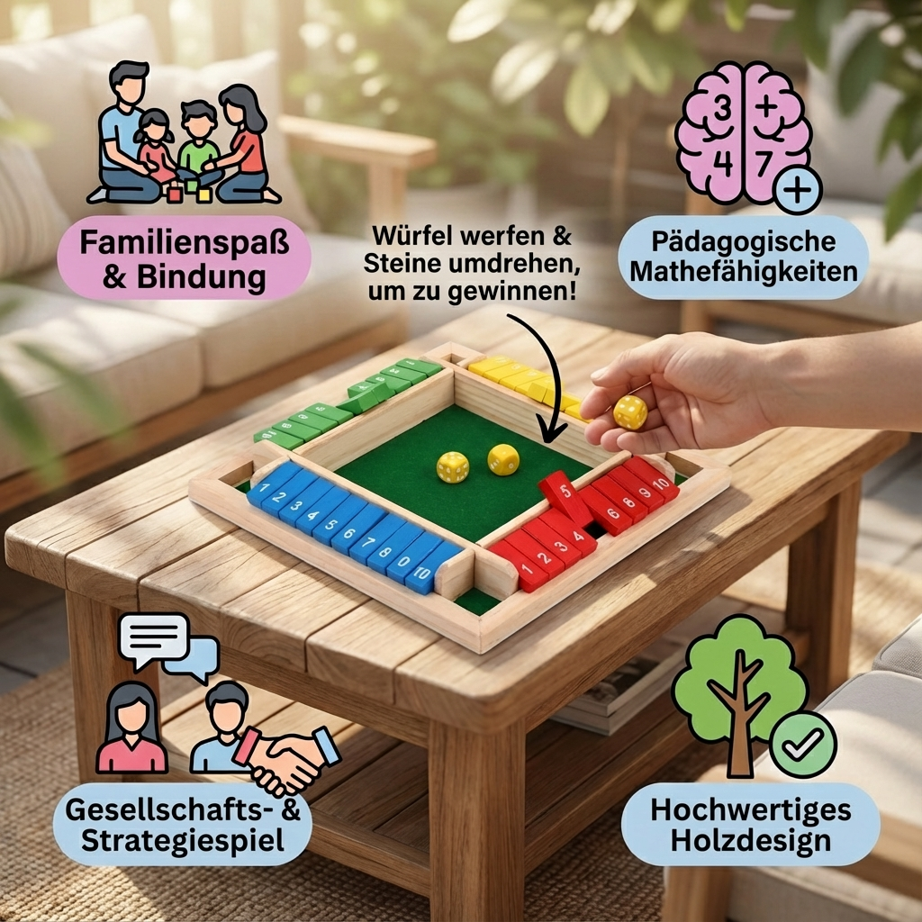 Spannendes ShutTheBox Familienspiel mit Würfeln. Strategie- & Lernspiel aus Holz für 4 Spieler. Unterhaltsamer Abend.