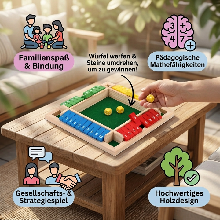 Spannendes ShutTheBox Familienspiel mit Würfeln. Strategie- & Lernspiel aus Holz für 4 Spieler. Unterhaltsamer Abend.