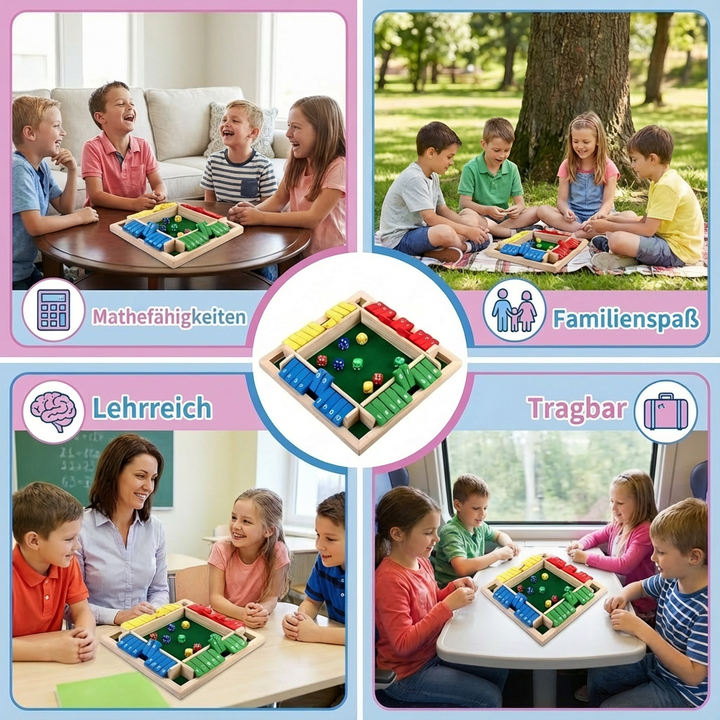Detailaufnahme vom ShutTheBox Klappenspiel in Aktion. Holzbrettspiel für 4 Spieler mit Würfeln, großer Familienspaß.