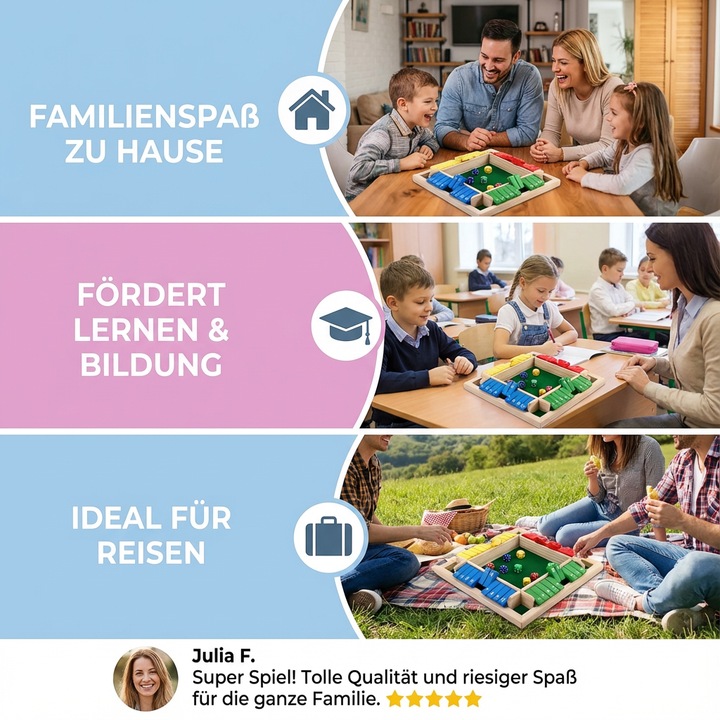 Das ShutTheBox Klappenspiel, eine tolle Geschenkidee. Holzspiel für 4 Spieler, Lernspiel & Gesellschaftsspiel für jeden.
