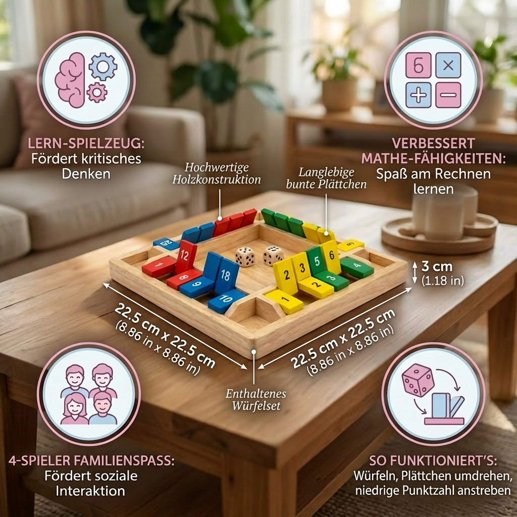 Pädagogisches ShutTheBox Lernspiel aus Holz für 4 Spieler. Fördert Strategie & Denkvermögen. Beliebtes Familienspiel.