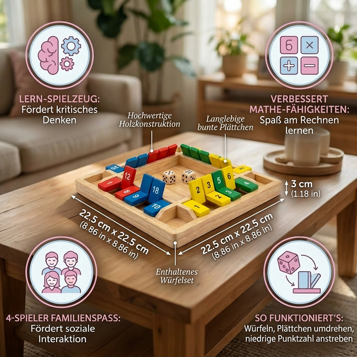 Pädagogisches ShutTheBox Lernspiel aus Holz für 4 Spieler. Fördert Strategie & Denkvermögen. Beliebtes Familienspiel.