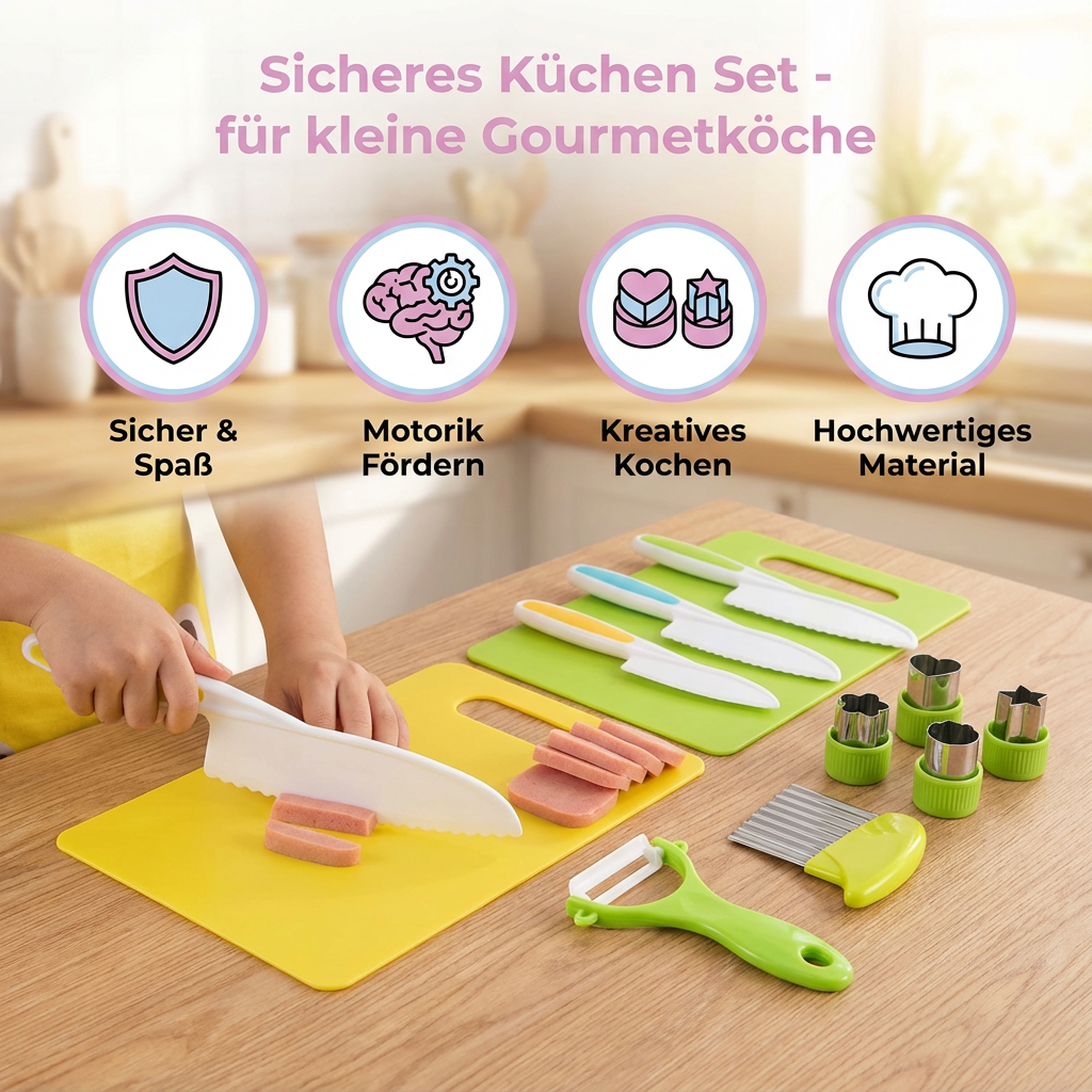 Kindersicheres Küchenset; pädagogisch wertvoll, unterstützt gesunde Ernährung & Feinmotorik.