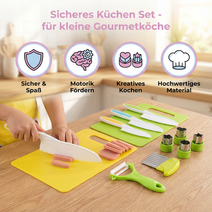 Kindersicheres Küchenset; pädagogisch wertvoll, unterstützt gesunde Ernährung & Feinmotorik.