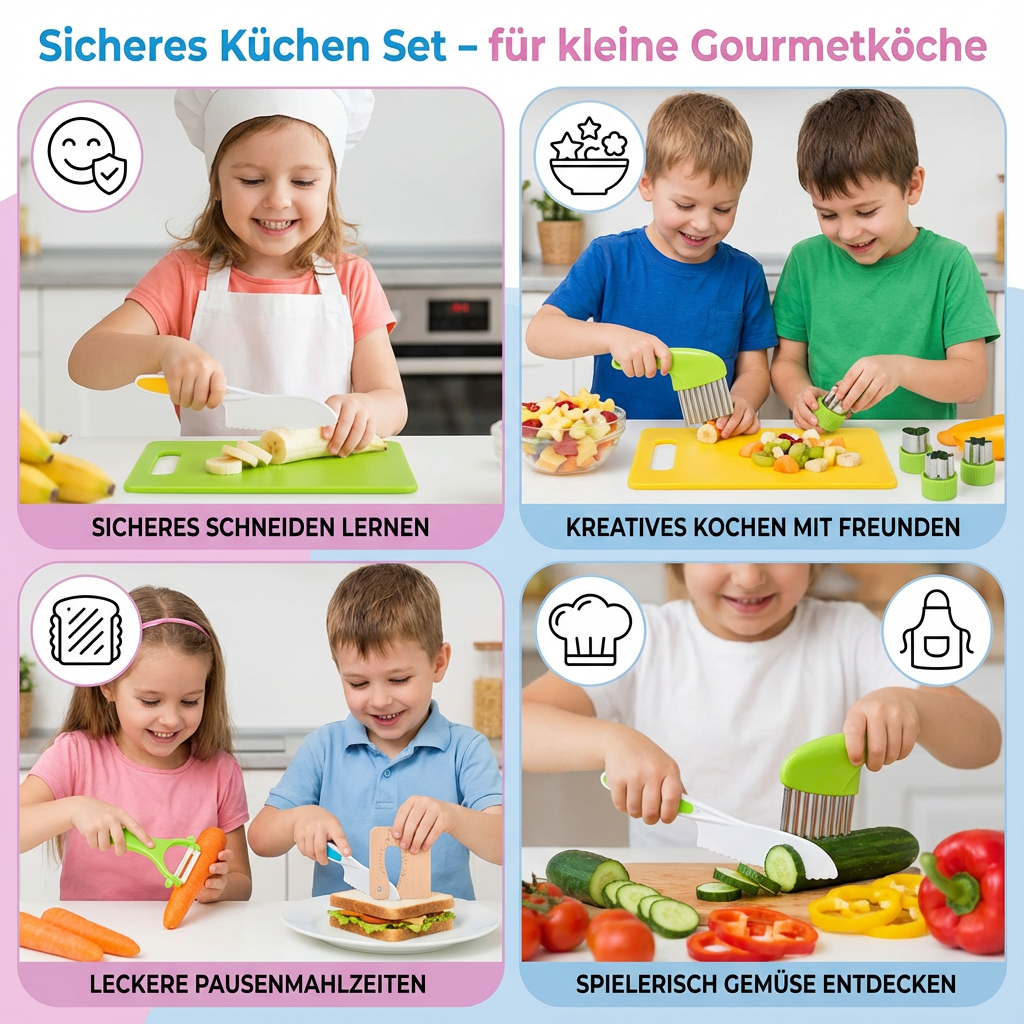 Komplettes Kinder Küchenzubehör Set mit sicherem Kinderbesteck; ideal zum spielerischen Kochen.