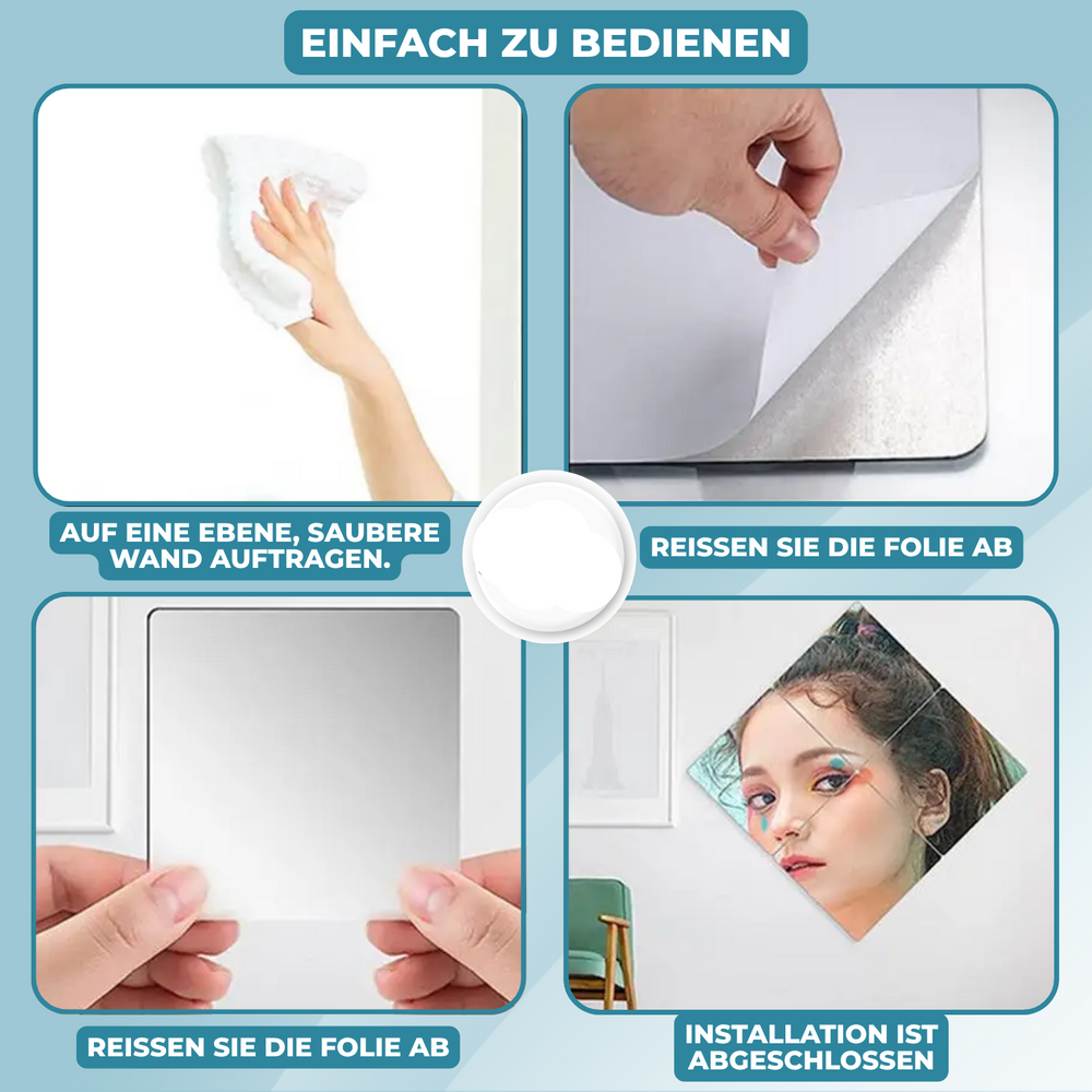 Bruchfeste Spiegelfolie selbstklebend für sichere Spiegel im Kinderzimmer oder Bad, einfache Anbringung.