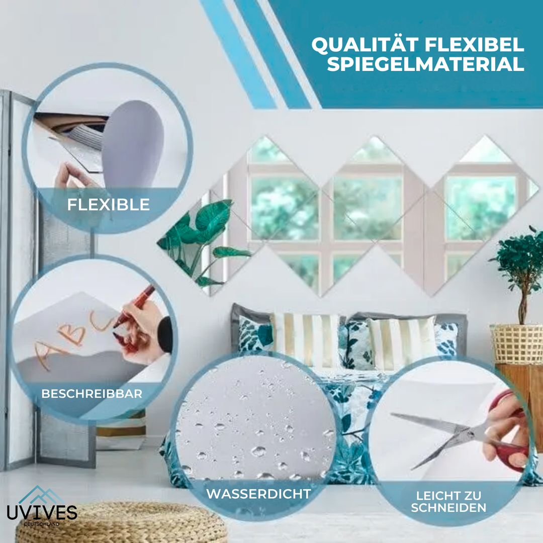 Flexible Spiegelfolie zum Kleben, bruchsicher & vielseitig, schafft moderne Raumdeko ohne Glas.