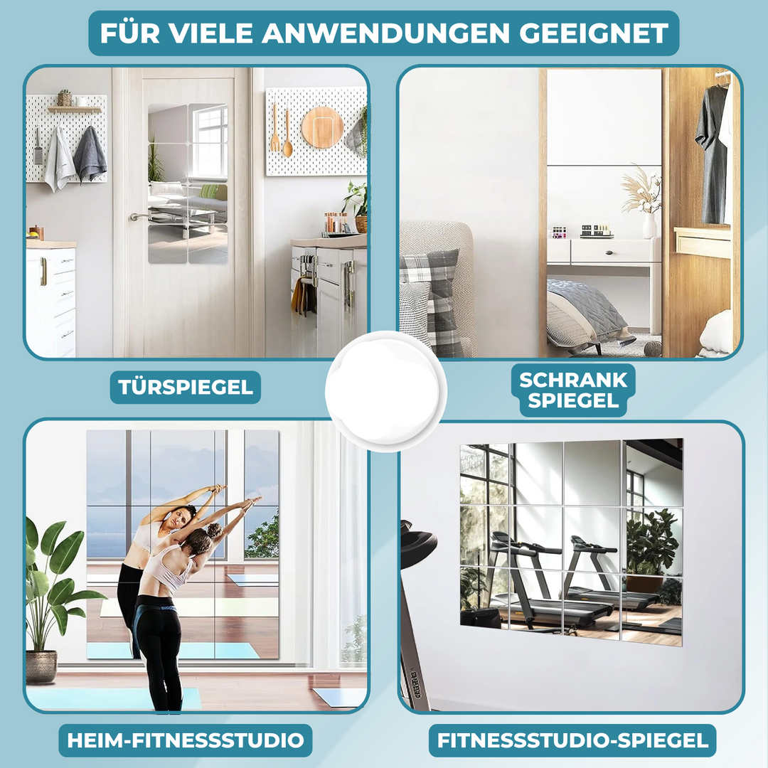 Hochwertige Spiegelfolie, selbstklebend und bruchsicher, eine sichere Alternative zu Glasspiegeln.
