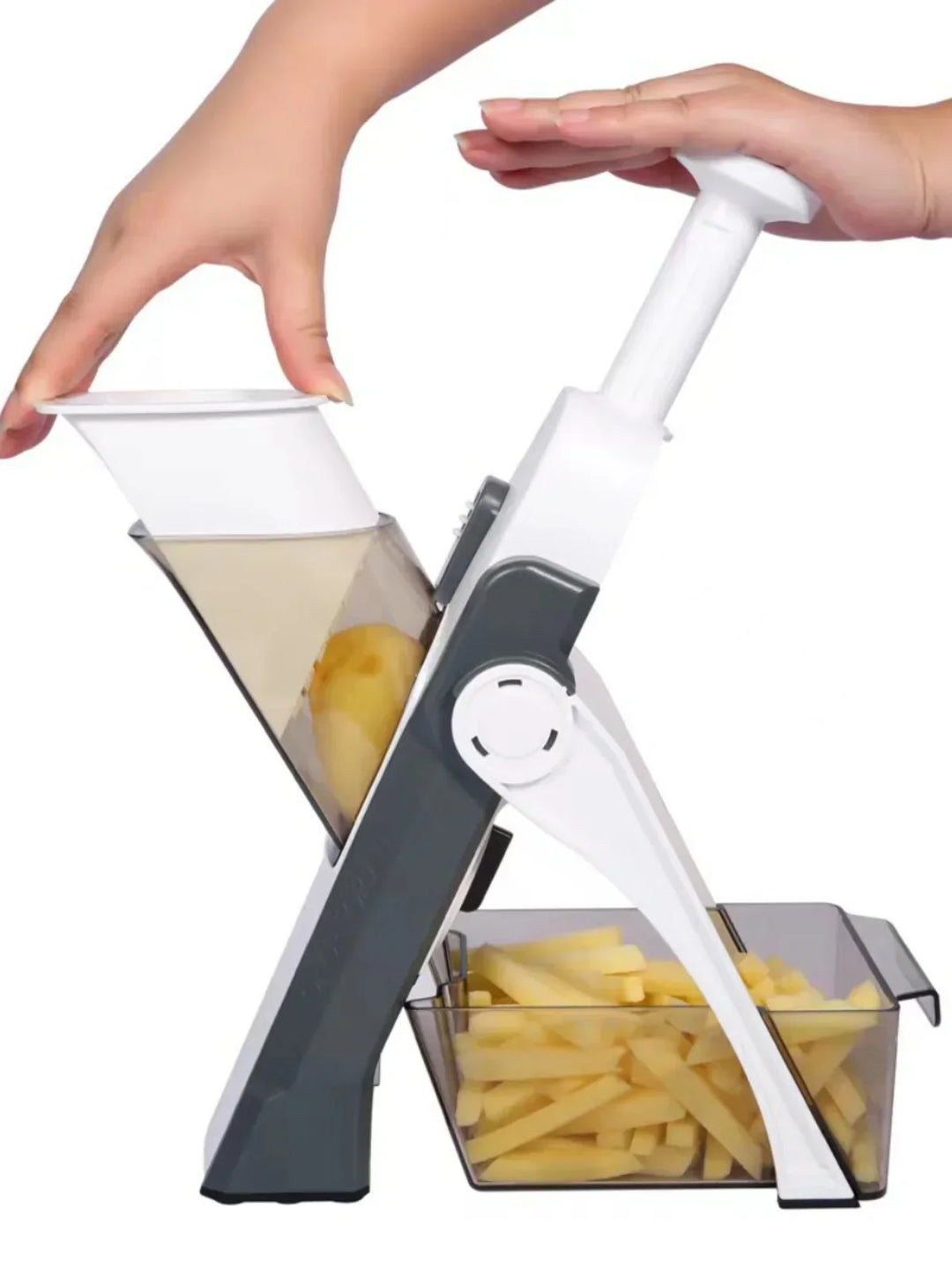 Vielseitiger Gemüseschneider zum Reiben, Raspeln & Schneiden; der 5-in-1 VeggieChop Pro erleichtert die Küchenarbeit.