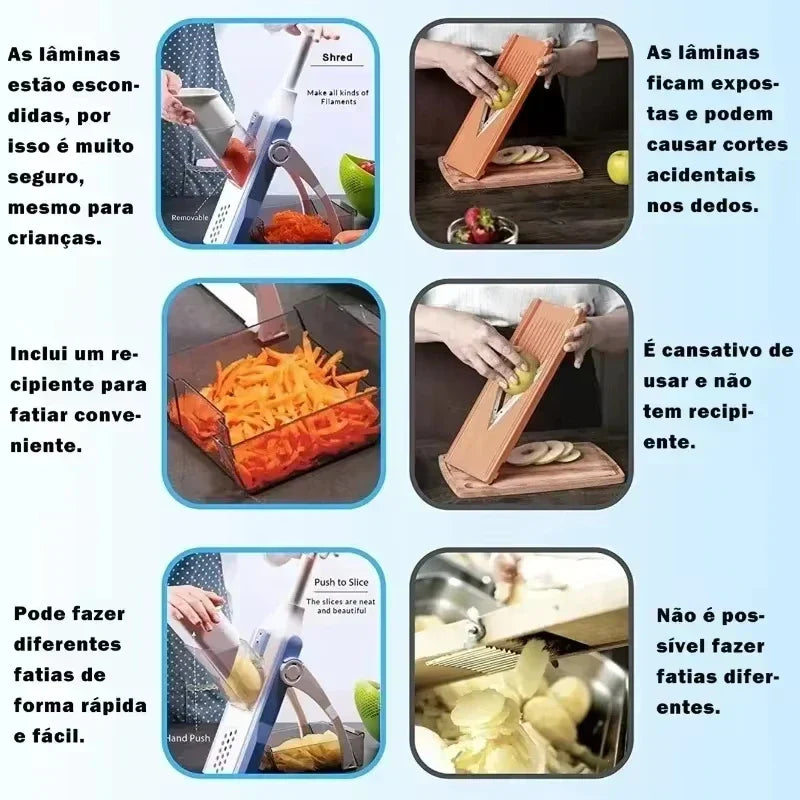 VeggieChop Pro 5-in-1 Gemüseschneider mit verschiedenen Aufsätzen, Klingen und Behälter für vielseitige Nutzung.