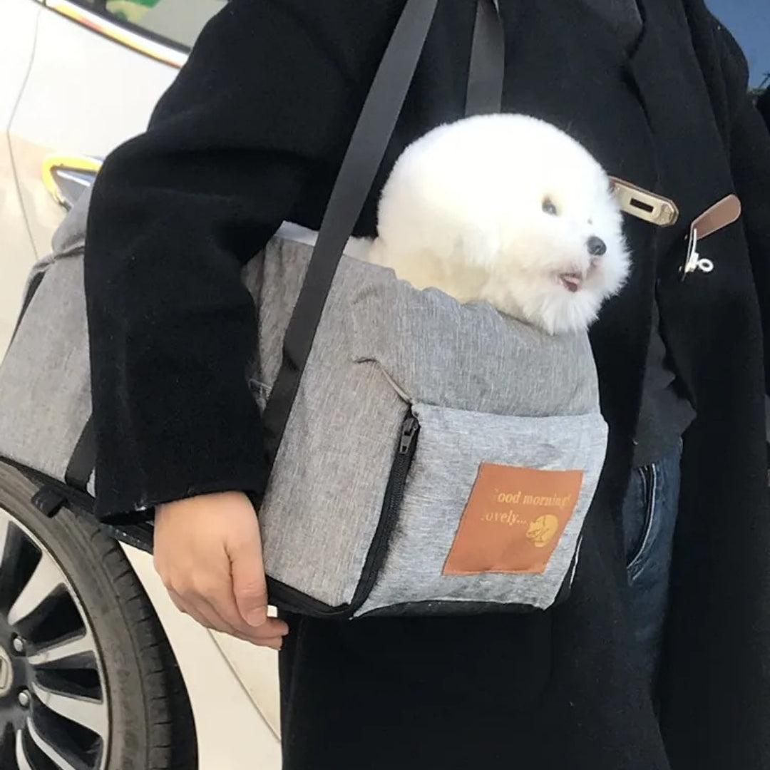 Wasserdichter grauer Hundesitzsack aus robustem Oxford-Stoff, ideal für sichere Autoreisen mit Hunden.