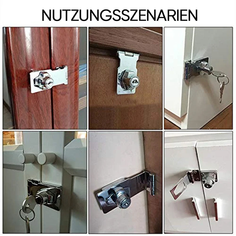 Einfach zu montierendes Schlüsselschloss, Riegel ohne Bohren. Mehr Sicherheit für Haushaltstüren & Möbel.