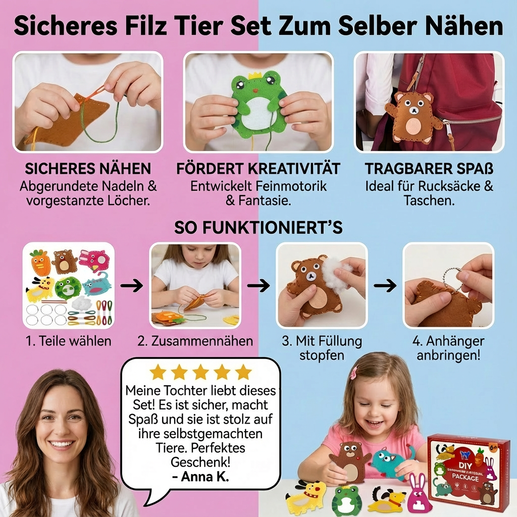 DIY Bastelset für Kinder: Nähen lernen mit Filz und bunten Tierfiguren. Perfektes Kinderspielzeug.