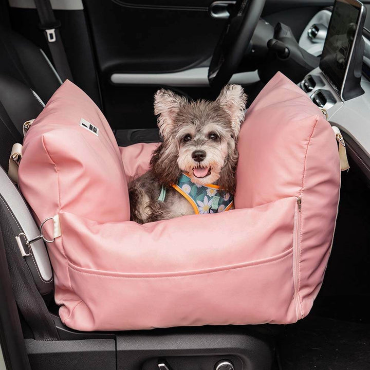 Nahaufnahme der Sicherheitsgurte und Schnallen am Hundeautositzbett.