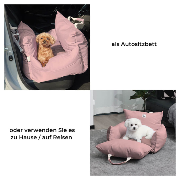 Glücklicher Hund entspannt im sicheren und komfortablen Hundeautositzbett.