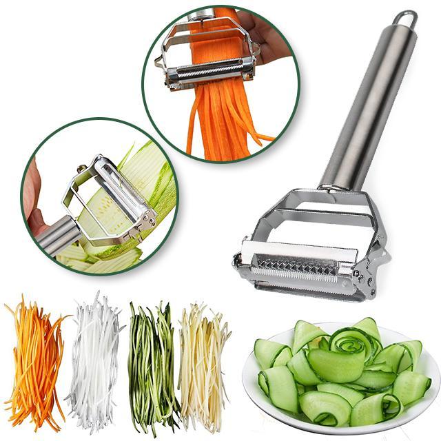 Ergonomischer Edelstahl-Schäler in Silber, perfekt für komfortables und schnelles Schälen von Gemüse.