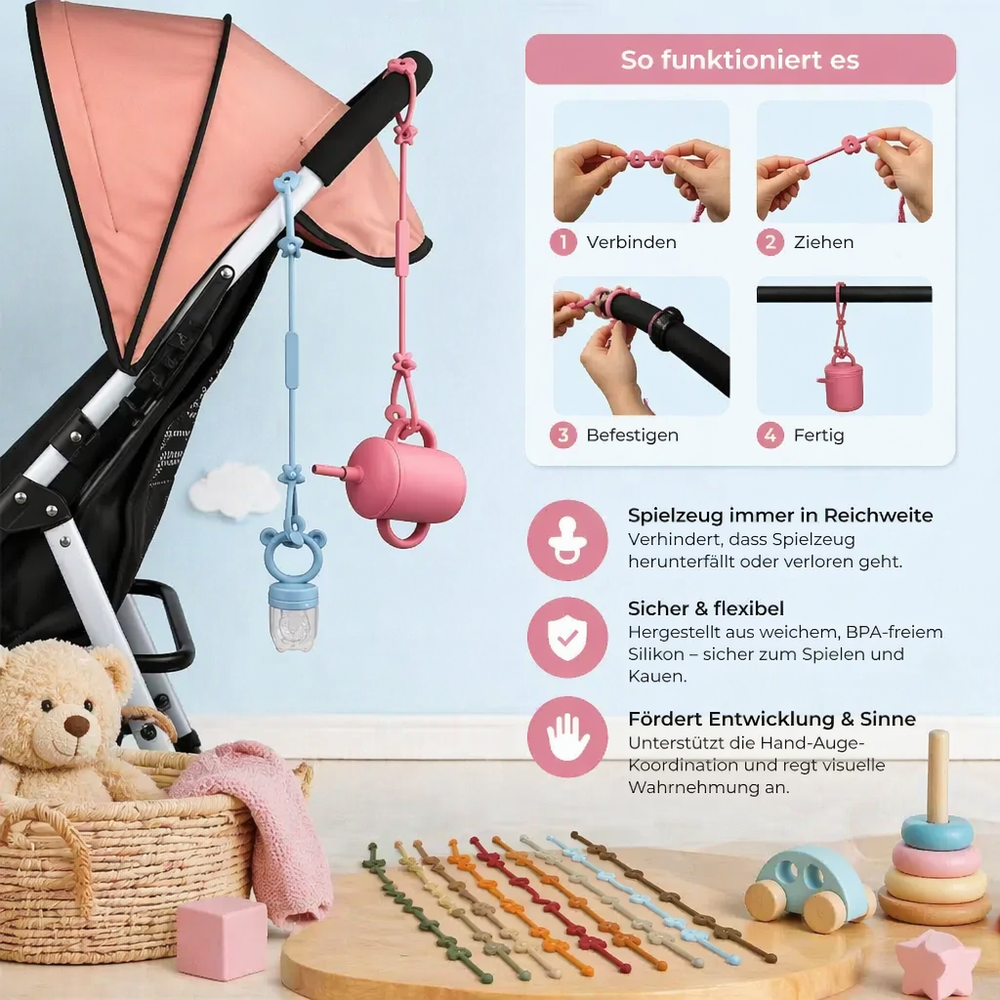 Hochwertige Silikon Schnullerkette im 5er Set, sicheres Babyzubehör gegen Verlust im Kinderwagen.