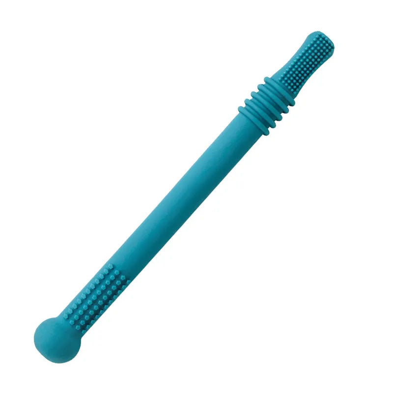 Ergonomisches Silikon Beißröhrchen, ideal für kleine Babyhände beim Zahnen.