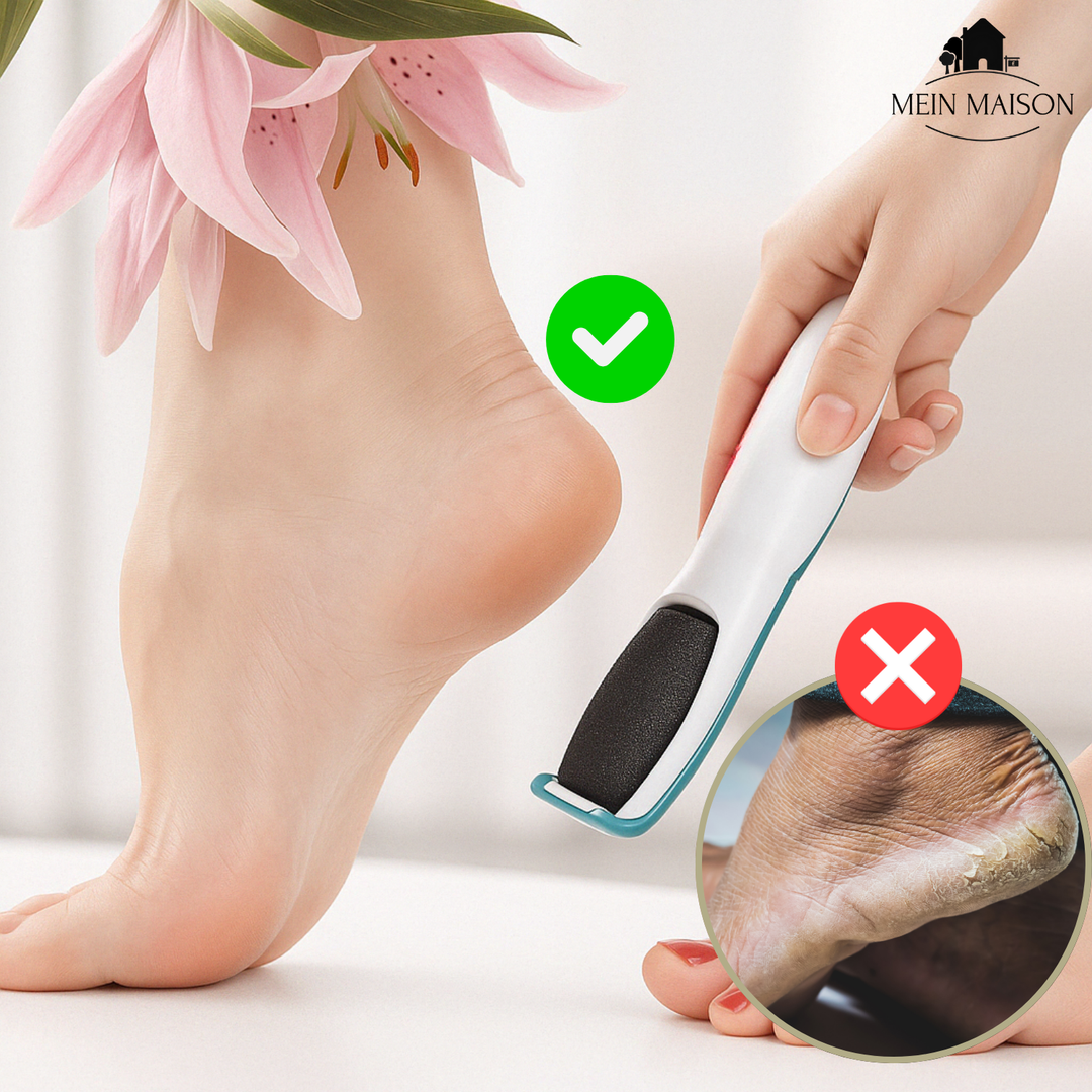SilkaFeet Fußpflegegerät, ergonomisch, weiß-blau, für glatte Haut und effektive Hornhautentfernung.