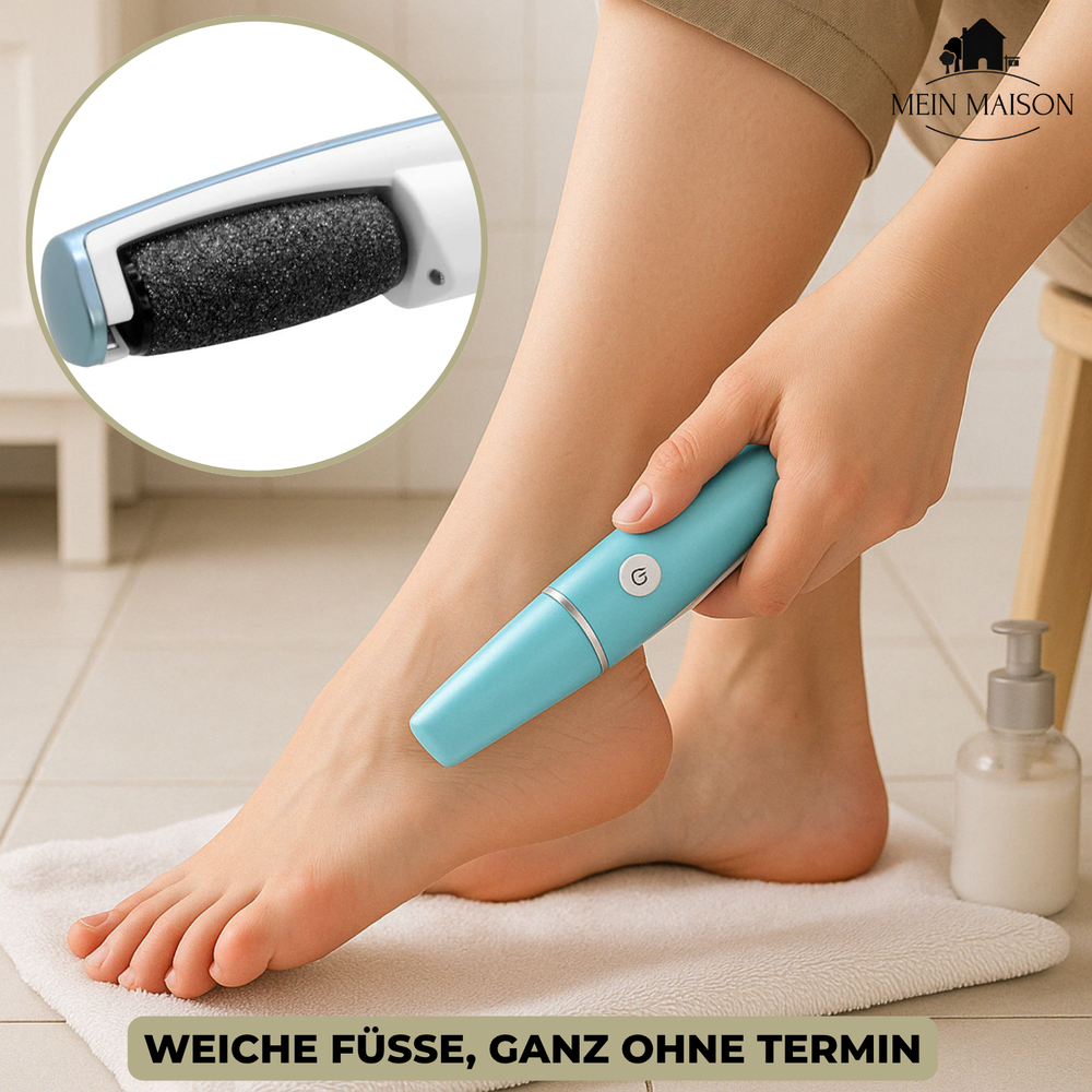 SilkaFeet elektrischer Hornhautentferner in der Hand, für einfache Pediküre & seidig weiche Füße.