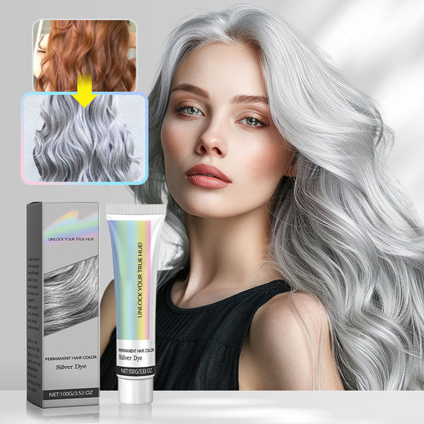 Modell mit elegantem silbergrauem Haar, gefärbt mit permanenter SilverLuxe Haarfarbe.