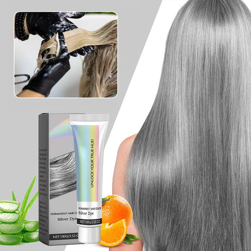Nahaufnahme von glänzendem, aschgrauem Haar, erzielt durch SilverLuxe permanente Haarfarbe.