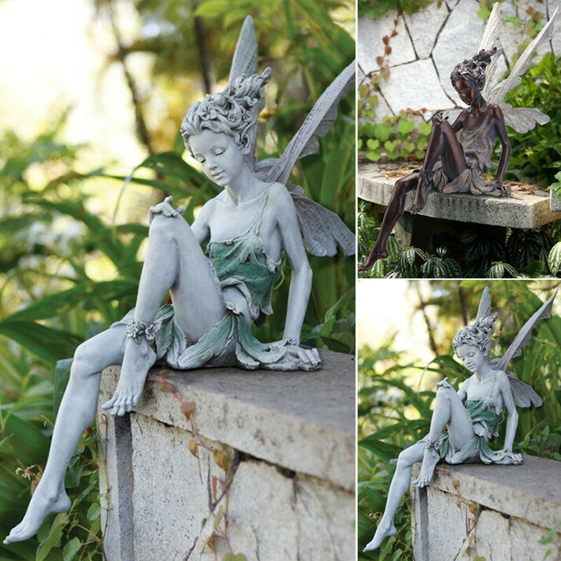 Detaillierte sitzende Feenfigur aus Harz, handbemalte Gartenstatue für märchenhafte Gartendeko.