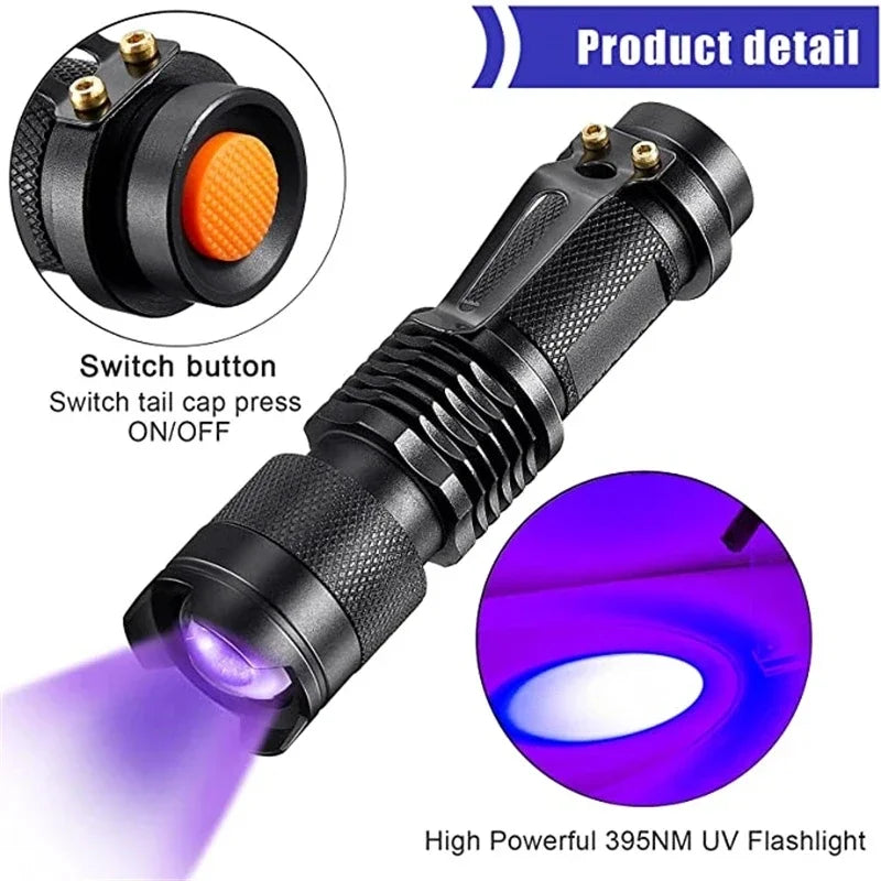 SK68 Schwarzlicht-Taschenlampe spürt unsichtbaren Haustierurin auf Teppichboden zur gezielten Reinigung.