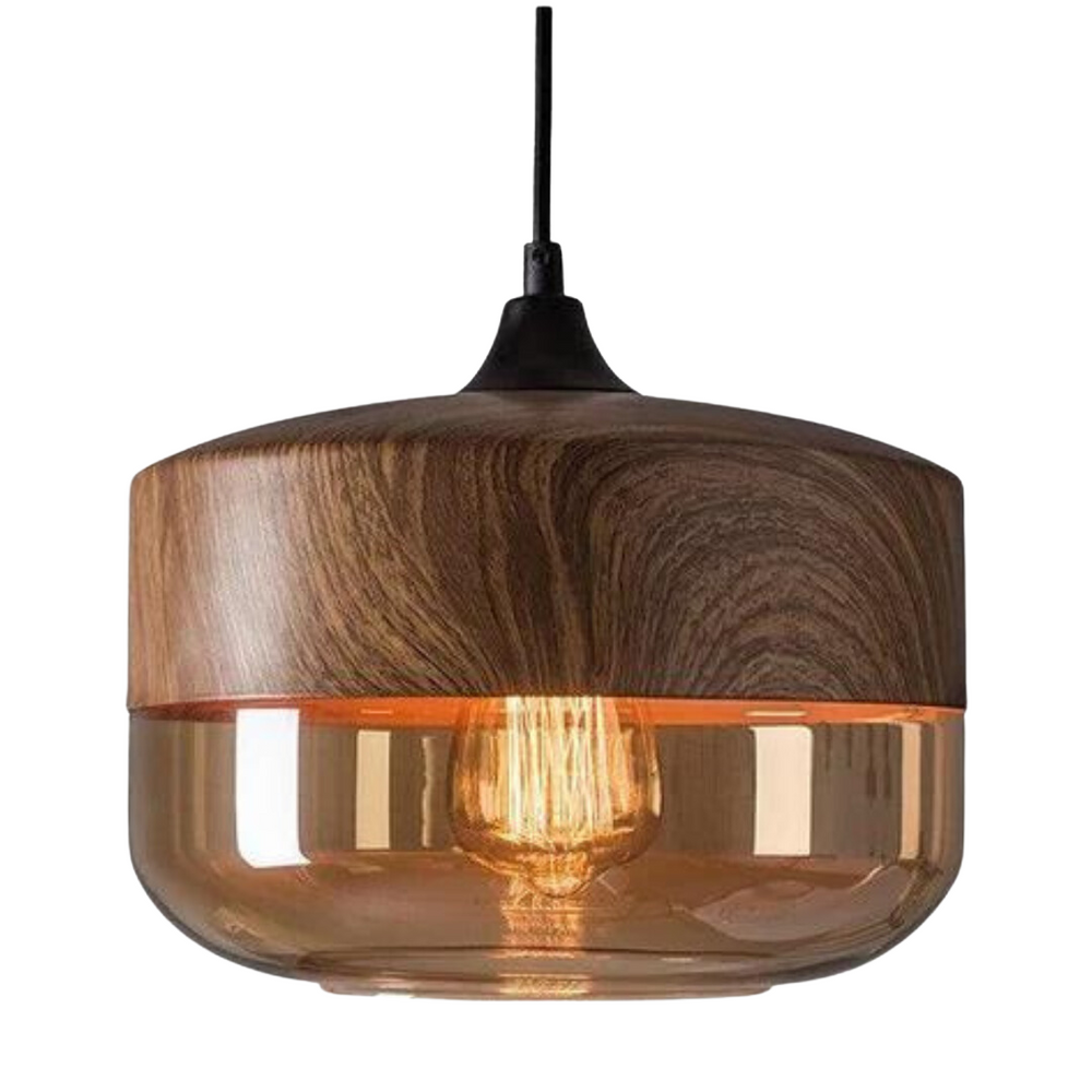 Moderne skandinavische Pendelleuchte aus Holz & Glas, stilvolle Beleuchtung fürs Esszimmer.
