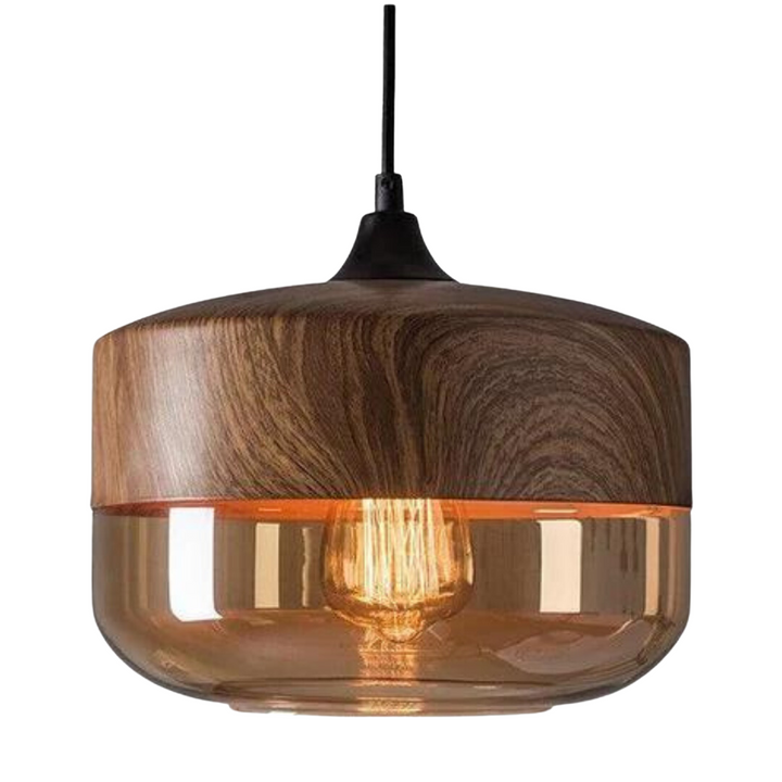 Elegante skandinavische Deckenleuchte aus Holz mit Glas, ideal für modernes Zuhause, sanfte Beleuchtung.